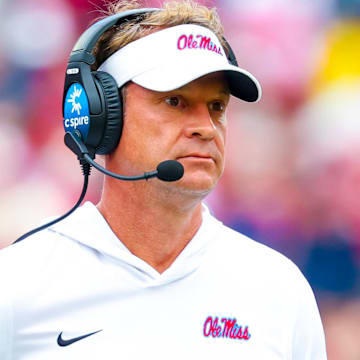 Oct 25, 2025; Norman, Oklahoma, USA;  Ole Miss Rebels head coach Lane Kiffin reacts during the second half against the Oklahoma Sooners at Gaylord Family-Oklahoma Memorial Stadium. Mandatory Credit: Kevin Jairaj-Imagn Images