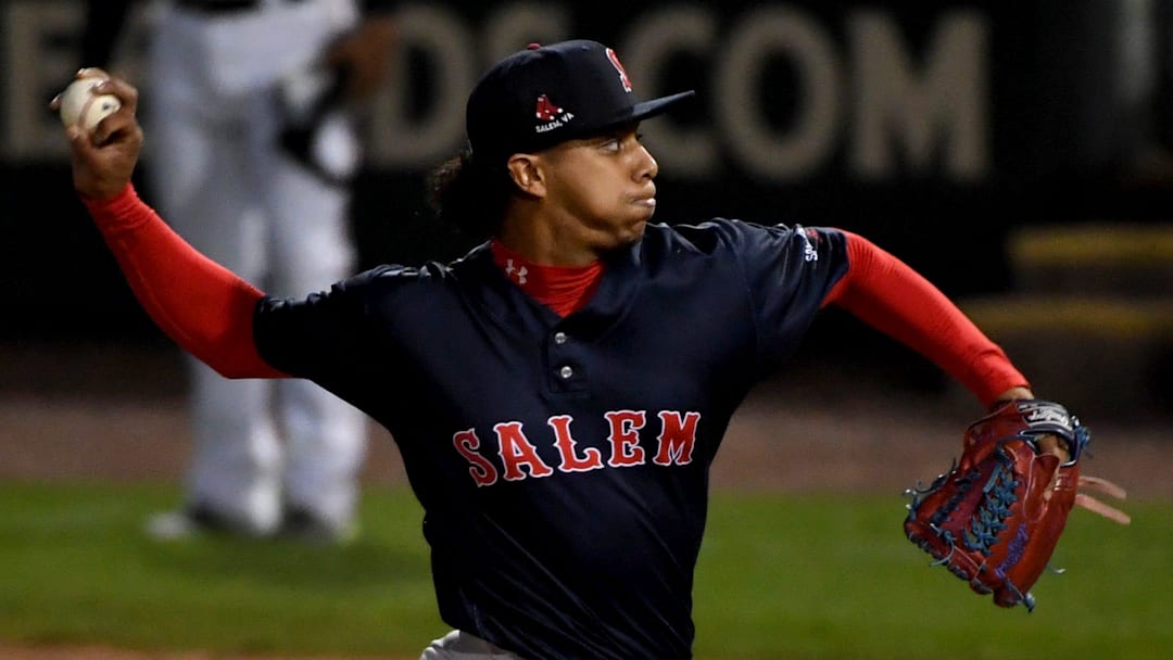 Salem's Jedixson Paez (17) pitches against the Shorebirds Tuesday, April 9, 2024, at Perdue Stadium in Salisbury, Maryland.