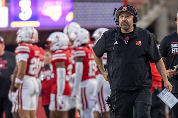 Nebraska Head Coach Matt Rhule looks up at the scoreboard during the second quarter of Nebraska's 34-3 victory against UNI.