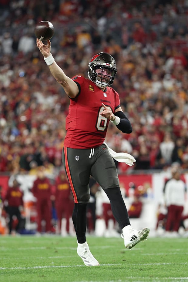 Tampa Bay Buccaneers quarterback Baker Mayfield throws during the third quarter of a NFC wild card playoff