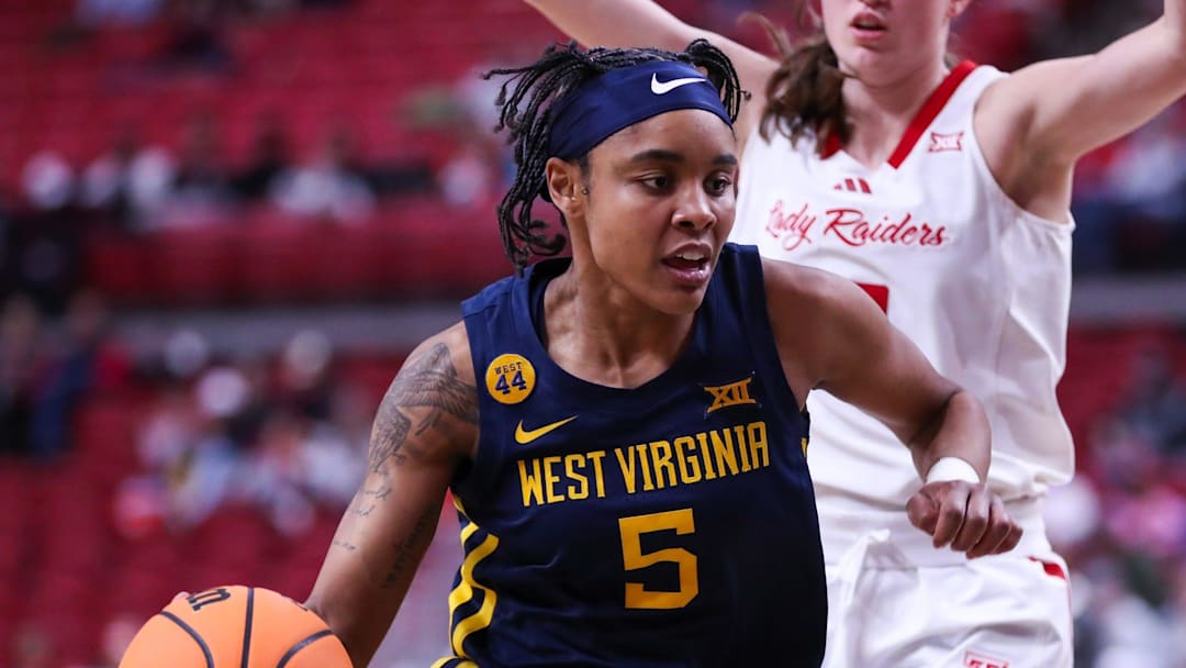West Virginia's Sydney Shaw dribbles against Texas Tech during a Big 12 Conference women's basketball game, Wednesday, Jan. 8, 2025, in United Supermarkets Arena.
