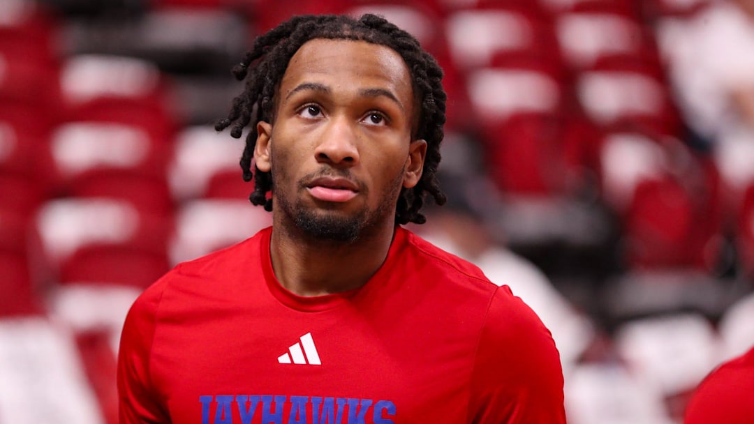 Kansas' Darryn Peterson warms up before a Big 12 Conference men's basketball game, Monday, Feb. 2, 2026, at United Supermarkets Arena.