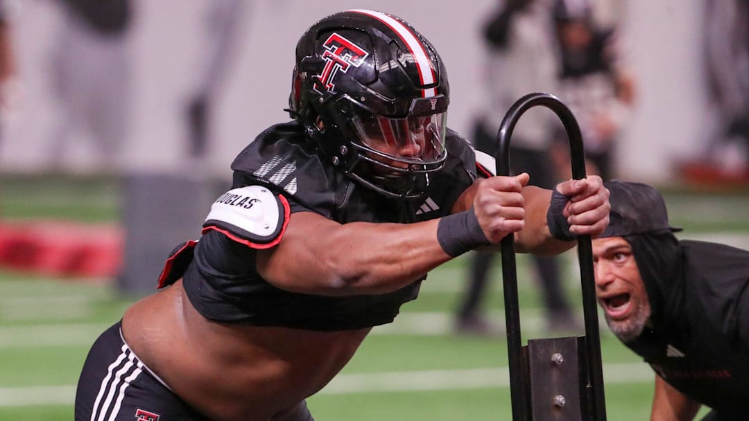 Texas Tech's Skyler Gill-Howard goes through a drill during spring practice, Tuesday, April 1, 2025, at the Womble Football Center.