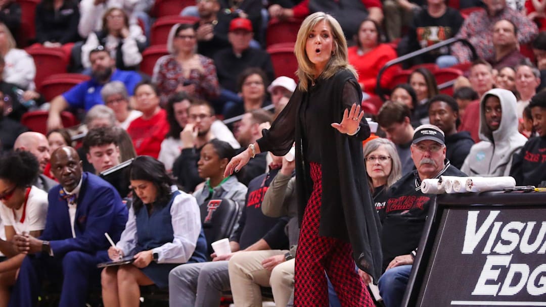 Texas Tech head coach Krista Gerlich looks to her team during a Big 12 Conference women's basketball game, Tuesday, Jan. 13, 2026, in United Supermarkets Arena.