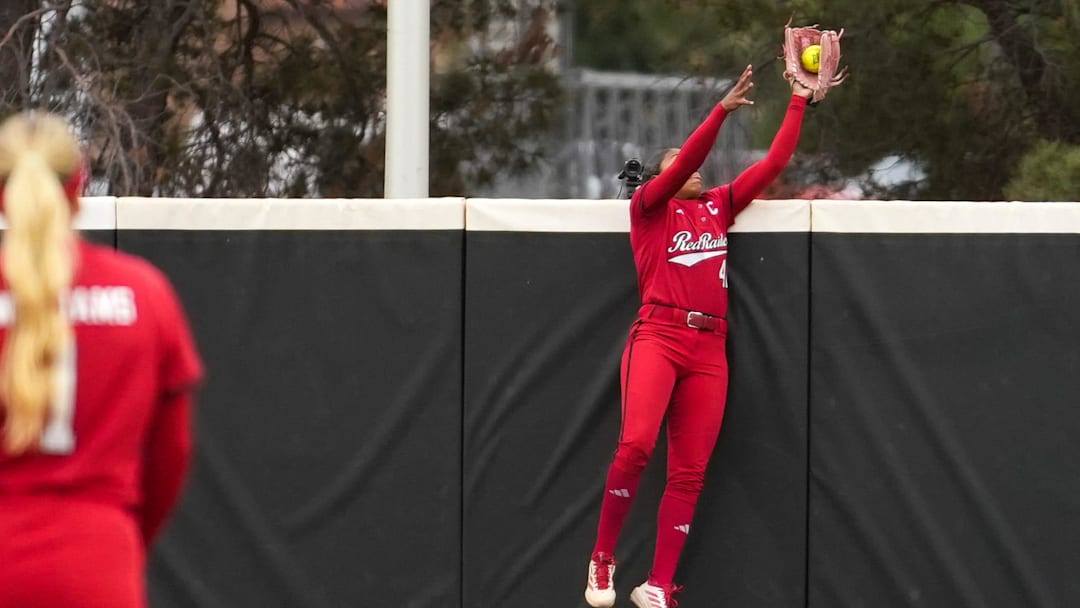 Texas Tech's Mihyia Davis robs a home run against Baylor during a Big 12 Conference softball game, Friday, May 1, 2026, at Tracy Sellers Field. Texas Tech's Mihyia Davis robs a home run against Baylor during a Big 12 Conference softball game, Friday, May 1, 2026, at Tracy Sellers Field.