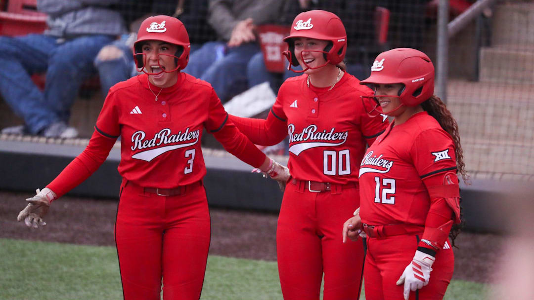 Texas Tech players Makayla Garcia (3), Jackie Lis (00) and Jasmyn Burns greet Mia Williams at home after a home run against Baylor during a Big 12 Conference softball game, Friday, May 1, 2026, at Tracy Sellers Field. Texas Tech players Makayla Garcia (3), Jackie Lis (00) and Jasmyn Burns greet Mia Williams at home after a home run against Baylor during a Big 12 Conference softball game, Friday, May 1, 2026, at Tracy Sellers Field.