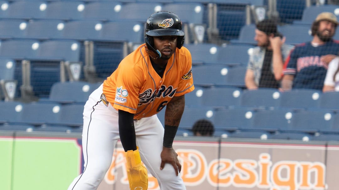 Kahlil Watson leads off of first base. Akron Rubber Ducks host Richmond Flying Squirrels on July 9 at Canal Park.
