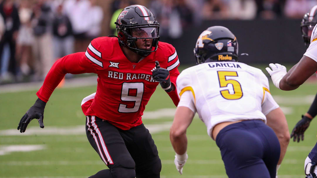 Texas Tech's Romello Height rushes the Kent State offense during a non-conference football game, Saturday, September 6, 2025, at Jones AT&T Stadium.