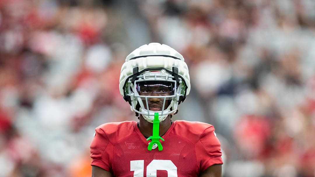 Arizona Cardinals wide receiver Marvin Harrison Jr. at training camp at State Farm Stadium in Glendale.