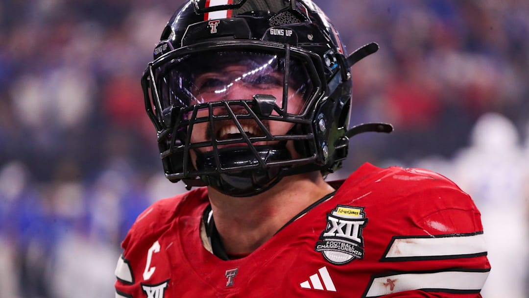 Texas Tech's Jacob Rodriguez celebrates a BYU turnover during the Big 12 Conference championship football game, Saturday, Nov. 6, 2025, at AT&T Stadium in Arlington.