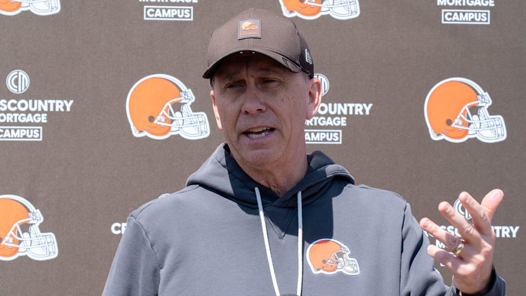 Coach Todd Monken answers press questions after the Browns mini camp in Berea on April 21, 2026.