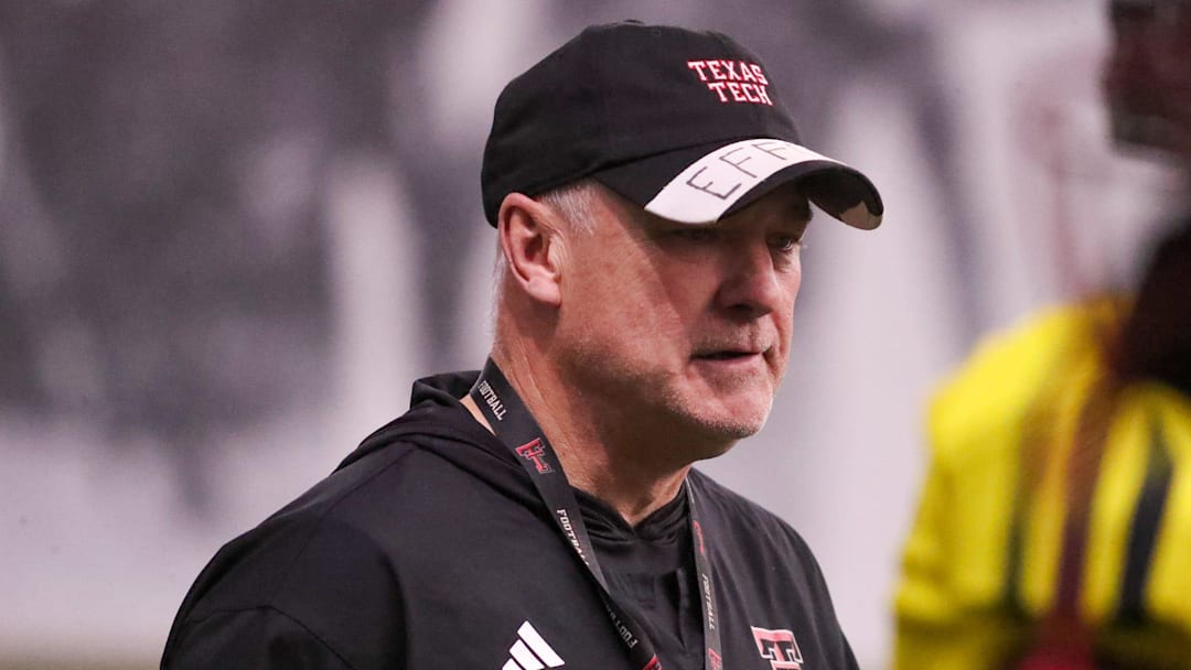 Texas Tech head coach Joey McGuire walks the field during spring football practice, Tuesday, April 14, 2026, at the Womble Football Center.