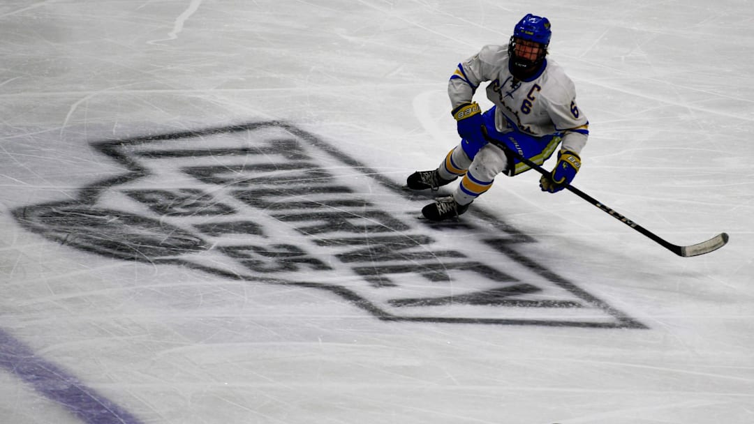 St. Cloud Cathedral hockey senior John Hirschfeld chases the puck in the Minnesota state championship versus East Grand Forks on March 8, 2025 at the Excel Energy Center in St. Paul. The Crusaders lost in overtime 2-1.