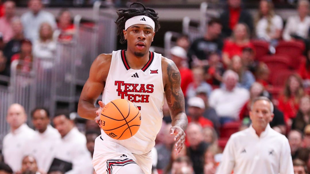 Texas Tech's JT Toppin brings the ball up the floor against Sam Houston during a nonconference men's basketball game, Friday, Nov. 7, 2025, at United Supermarkets Arena.