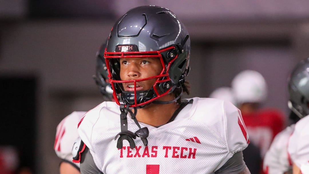 Receiver Reggie Virgil looks on during Texas Tech football practice, Monday, August 11, 2025, at the Womble Football Center.