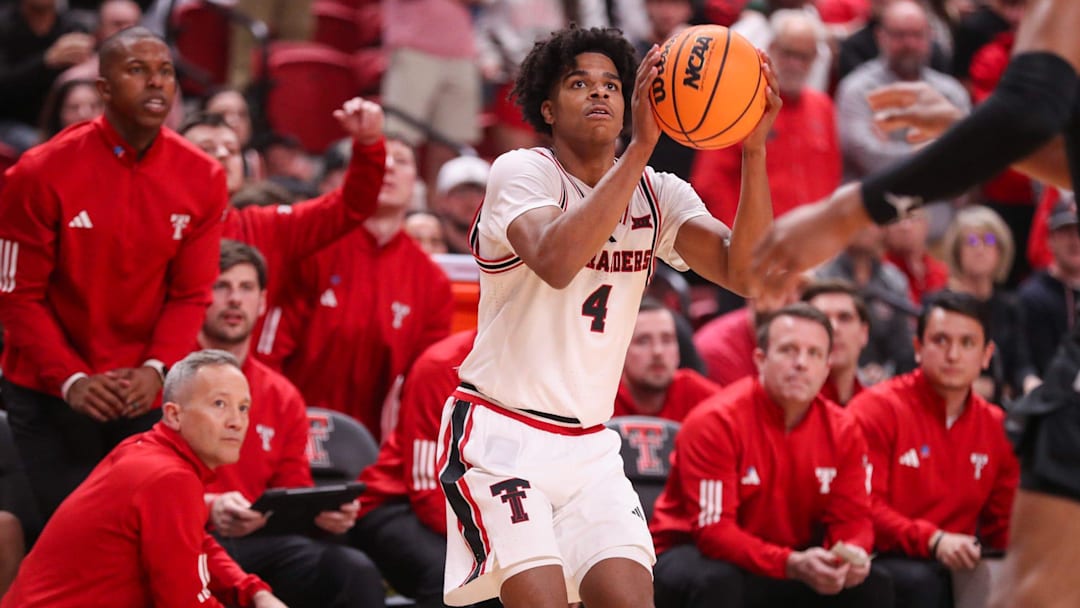 Texas Tech's Christian Anderson prepares to shoot against Cincinnati during a Big 12 Conference men's basketball game, Tuesday, Feb. 24, 2026, in United Supermarkets Arena.