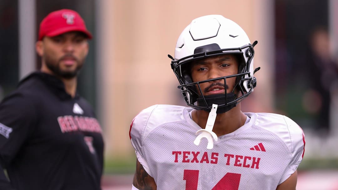 Texas Tech's Micah Hudson goes through a drill as the Red Raiders practice ahead of the Orange Bowl College Football Playoff game, Saturday, Dec. 27, 2025, at the Womble Football Center.