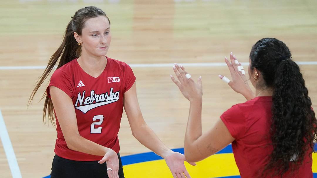 Nebraska Cornhuskers Bergen Reilly (2) high fives her teammate while playing against the South Dakota State Jackrabbits on Wednesday, Sept. 2, 2026, at First Bank & Trust Stadium in Brookings, South Dakota. Nebraska Cornhuskers Bergen Reilly (2) high fives her teammate while playing against the South Dakota State Jackrabbits on Wednesday, Sept. 2, 2026, at First Bank & Trust Stadium in Brookings, South Dakota.