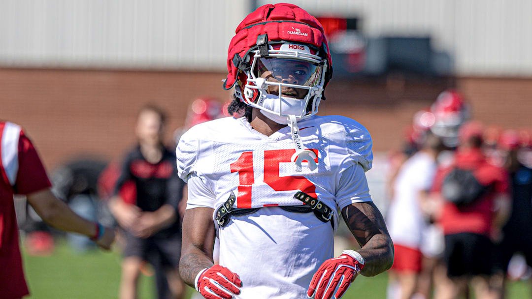 Arkansas Razorbacks wide receiver Kam Shanks runs routes during spring practices on the outdoor fields in Fayetteville, Ark.