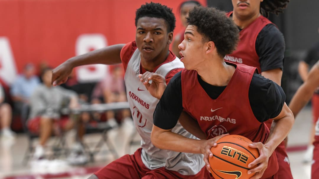 Razorbacks Karter Knox guards Isaiah Sealy at practice at the Eddie Sutton Practice Center in Fayetteville, Ark.