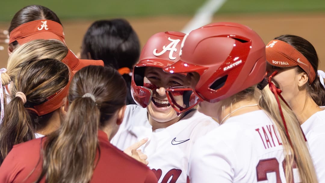 Alabama's Alexis Pupillo smiles with teammates after her home run in the game against Samford on Mar. 10, 2026.
