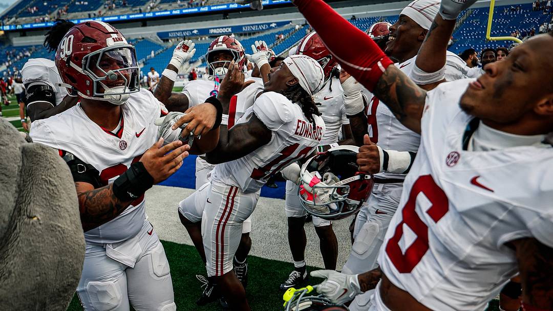 Alabama DB Jireh Edwards celebrates Alabama's 45-17 win over Kentucky on Sept. 12, 2026, at Kroger Field in Lexington, Ky.