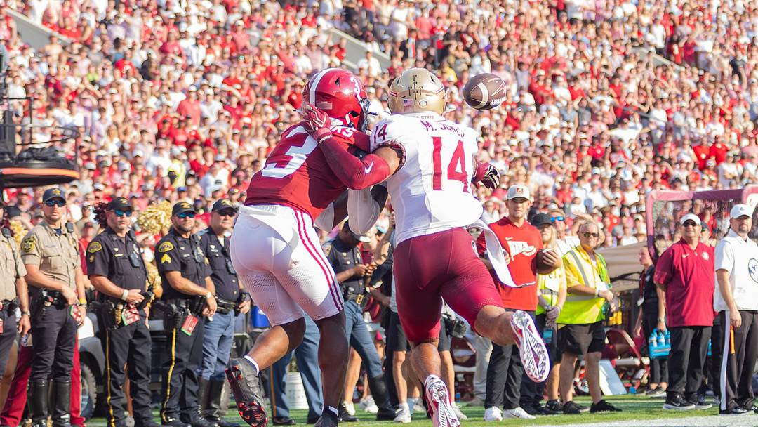 Alabama Wide Receiver Lotzeir Brooks attempts to catch a pass in the first half of the game against FSU on Sept 19, 2026.