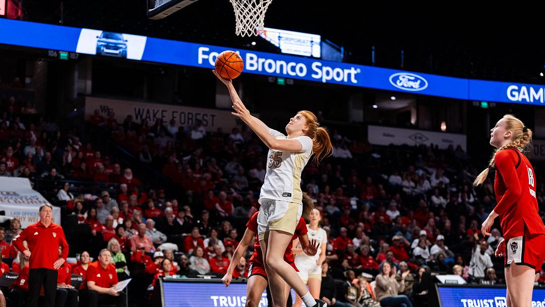 Wake Forest's Grace Galbavy (35) goes for a layup against the NC State Wolfpack, Jan. 15, 2026.