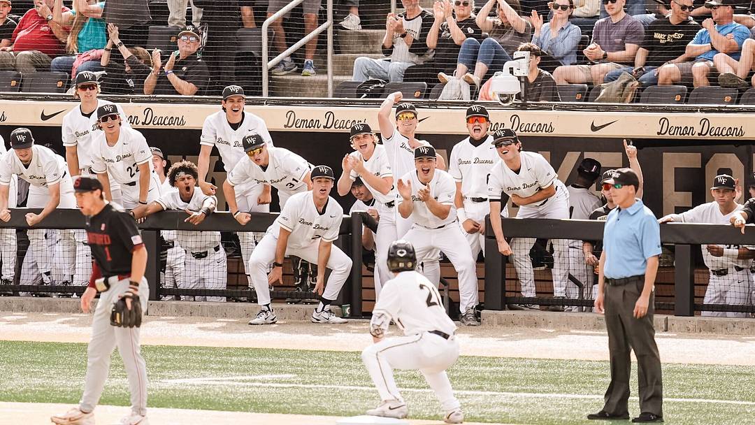 Wake Forest's dugout celebrates in game two against the Stanford Cardinal, March 7, 2026.