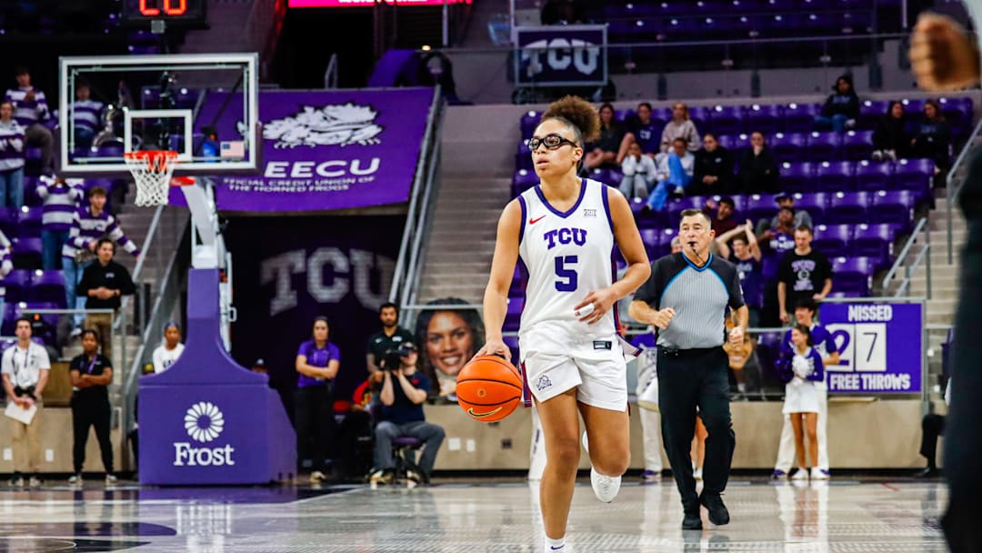 Olivia Miles dribbles up the court in TCU women's basketball's 93-57 win against UTRGV on Sunday, Nov. 23, 2025 at Schollmaier Arena in Fort Worth, TX.