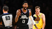 Nov 1, 2023; Los Angeles, California, USA;  LA Clippers forward Paul George (13) reacts against the Los Angeles Lakers during the second half at Crypto.com Arena. Mandatory Credit: Jonathan Hui-USA TODAY Sports