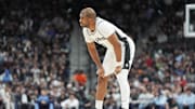 Jan 17, 2025; San Antonio, Texas, USA; San Antonio Spurs guard Chris Paul (3) looks over in the first half against the Memphis Grizzlies at Frost Bank Center. Mandatory Credit: Daniel Dunn-Imagn Images