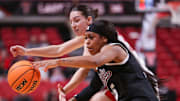 Mississippi State's Chandler Prater (foreground) and Texas Tech's Gemma Nunez battle for a loose ball during a non-conference women's basketball game, Thursday, Nov. 20, 2025, at United Supermarkets Arena.