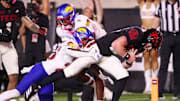 Texas Tech's Will Hammond runs for a touchdown against Kansas during a Big 12 Conference football game, Saturday, Oct. 11, 2025, at Jones AT&T Stadium in Lubbock.