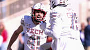 Texas Tech punter Jack Burgess reacts to a made field goal against BYU during a Big 12 Conference football game, Saturday, Nov. 8, 2025, at Jones AT&T Stadium.