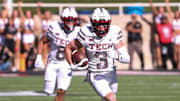 Texas Tech's Coy Eakin runs after a catch against BYU during a Big 12 Conference football game, Saturday, Nov. 8, 2025, at Jones AT&T Stadium.