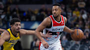 Nov 28, 2025; Indianapolis, Indiana, USA; Washington Wizards guard CJ McCollum (3) dribbles the ball while  Indiana Pacers guard Ben Sheppard (26) defends in the second half at Gainbridge Fieldhouse. Mandatory Credit: Trevor Ruszkowski-Imagn Images
