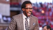 ESPN personality Desmond Howard has a laugh on the College GameDay set before a Big 12 Conference football game, Saturday, Nov. 8, 2025, at Jones AT&T Stadium.