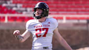 Texas Tech Upton Bellenfant watches his kick during spring football practice, Tuesday, April 15, 2025, at Jones AT&T Stadium.