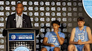UNC head coach Hubert Davis along with players Seth Trimble and Henri Veesaar at ACC Tipoff.; Oct. 7, 2025