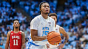 North Carolina forward Jarin Stevenson  shooting a free throw during UNC's 95-53 win over Winston-Salem State in an exhibiton game on Oct. 29, 2025.