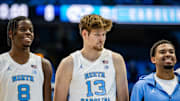 Caleb Wilson, Henri Veesaar and Elijah Davis during North Carolina's exhibition game against Winston-Salem State on Oct. 30, 2025.