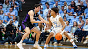 Seth Trimble attempting to get by a defender during North Carolina's 94-54 win over Central Arkansas; Nov. 3, 2025