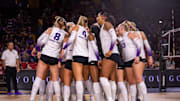 TCU Volleyball players huddle in their match against No. 6 Arizona State in Tempe, Arizona.