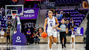 Olivia Miles dribbles up the court in TCU women's basketball's 93-57 win against UTRGV on Sunday, Nov. 23, 2025 at Schollmaier Arena in Fort Worth, TX.