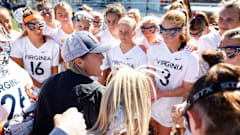 Sonia LaMonica coaches her team during the Virginia women's lacrosse game against Boston College at Klockner Stadium.