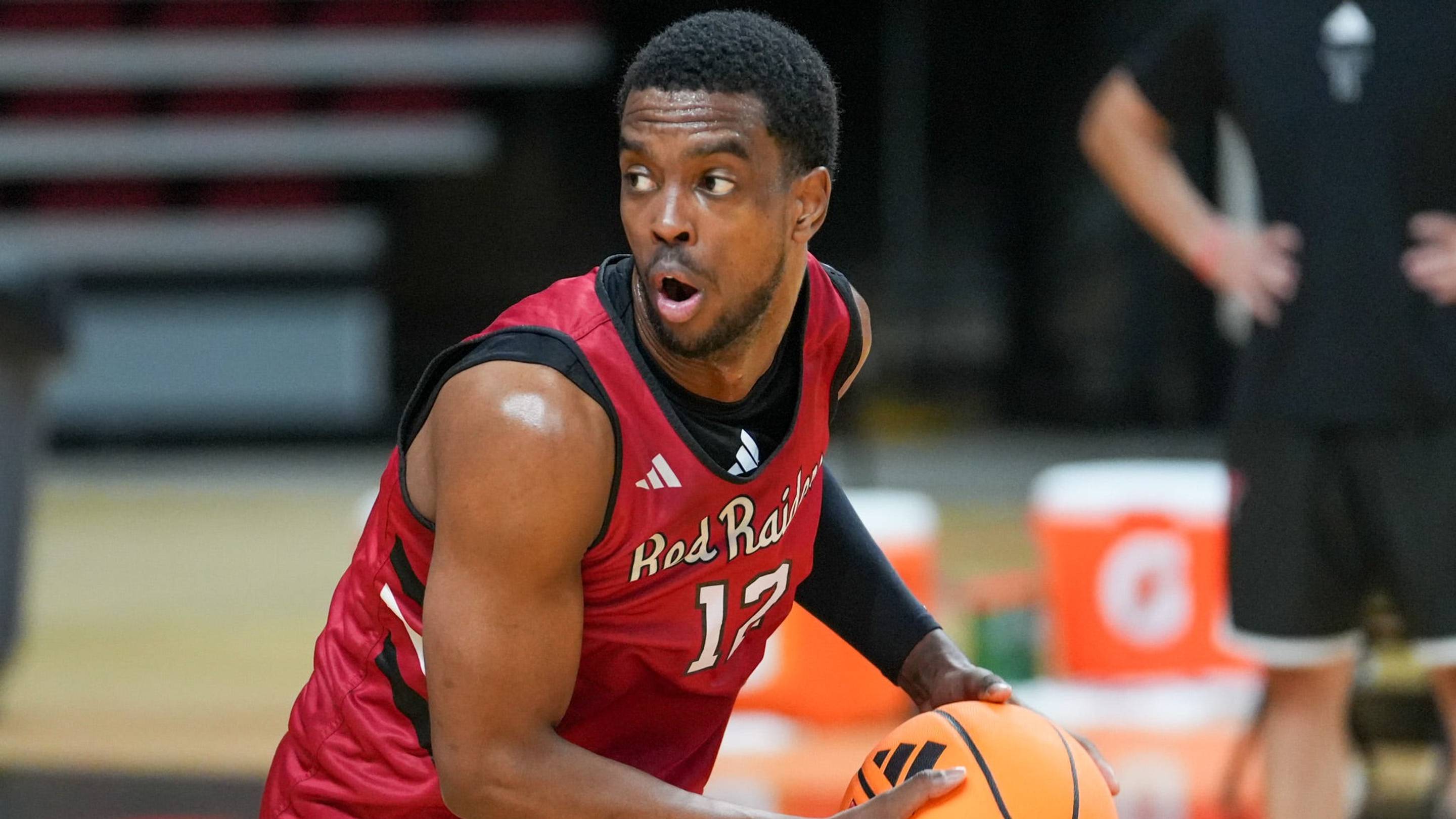 Texas Tech's Donovan Atwell goes through a drill during basketball practice, Tuesday, Sept. 22, 2026, in United Supermarkets Arena. | USA TODAY Network via Reuters Connect