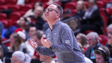 West Virginia head coach Mark Kellogg instructs his team during a Big 12 Conference women's basketball game against Texas Tech, Wednesday, Jan. 8, 2025, in United Supermarkets Arena.