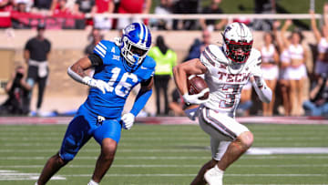 Texas Tech's Coy Eakin runs after a catch against BYU during a Big 12 Conference football game, Saturday, Nov. 8, 2025, at Jones AT&T Stadium.