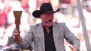 Pat McAfee rings a Saddle Tramps bell during College GameDay before a Big 12 Conference football game, Saturday, Nov. 8, 2025, at Jones AT&T Stadium.